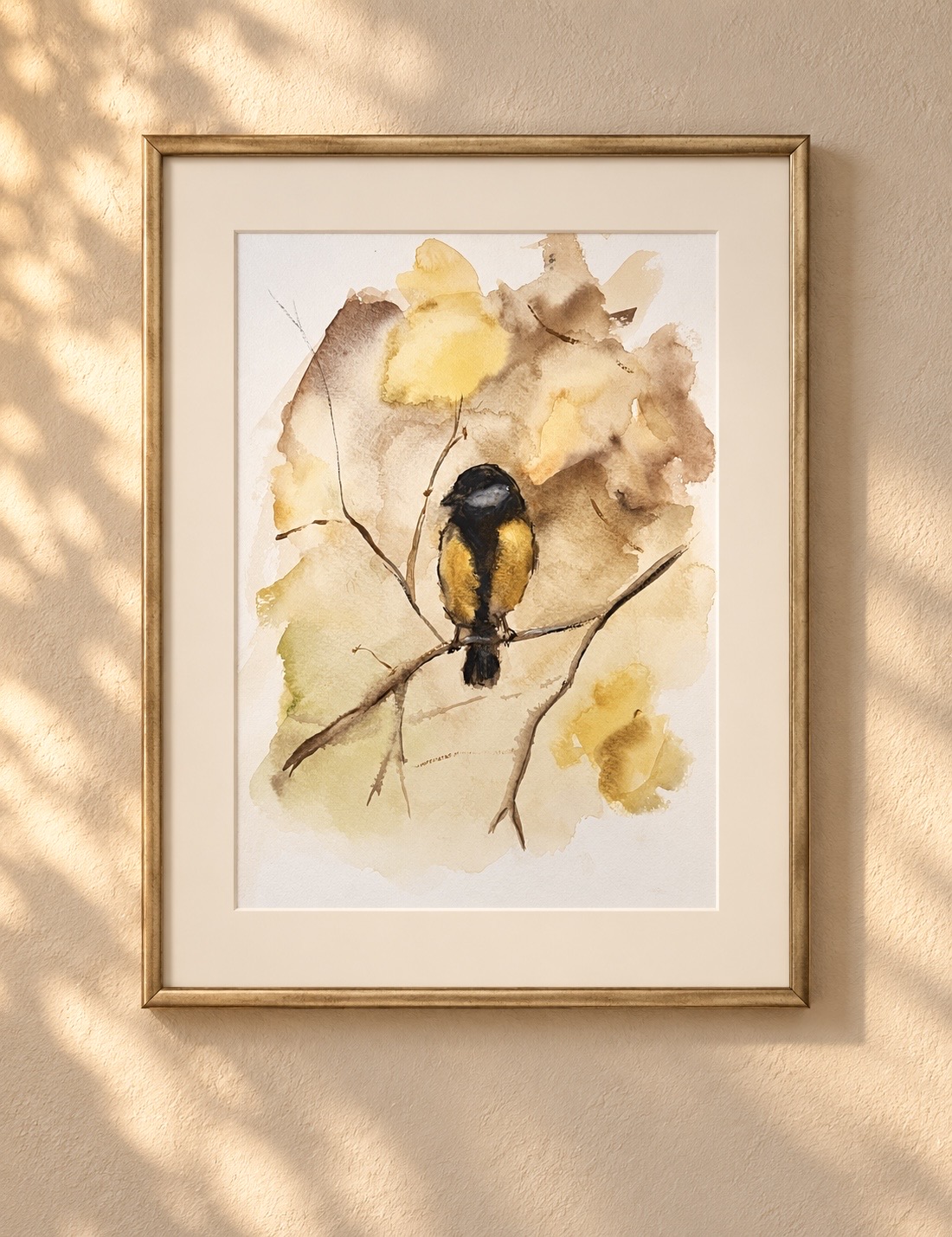 Interior visualisation of the watercolor Titmouse by Marina Stognieva framed in an interior
